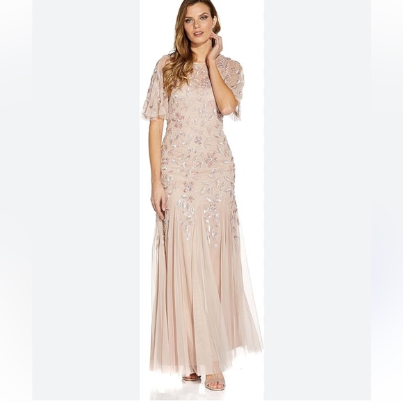Adrianna Papell HAND BEADED SHORT SLEEVE FLORAL GODET GOWN IN BLUSH Size 18W - Picture 6 of 16